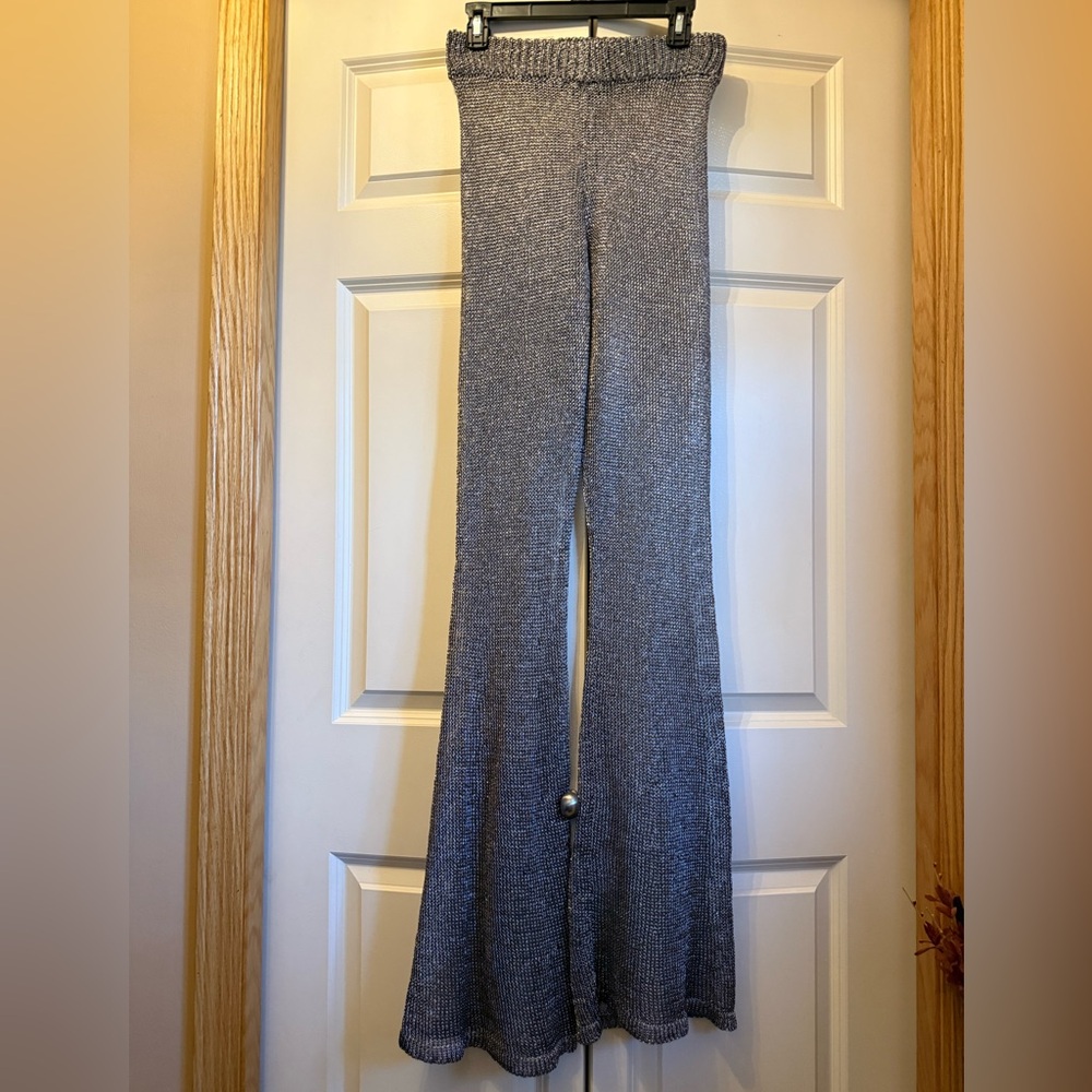 PrettyLittleThing Metallic Silver Chain-Knit Mesh Flare Pants
